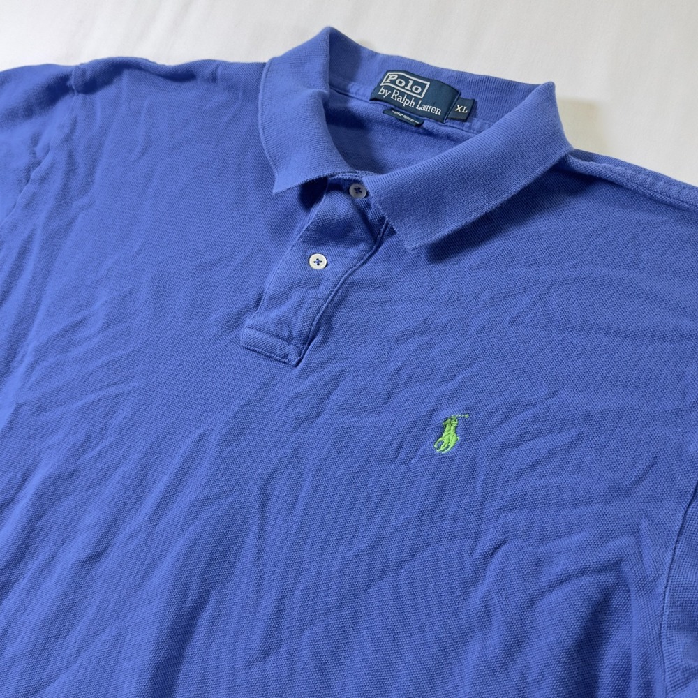 Vintage Ralph Lauren Polo Shirt Mens XL S/S Blue Casual Preppy Green Pony City